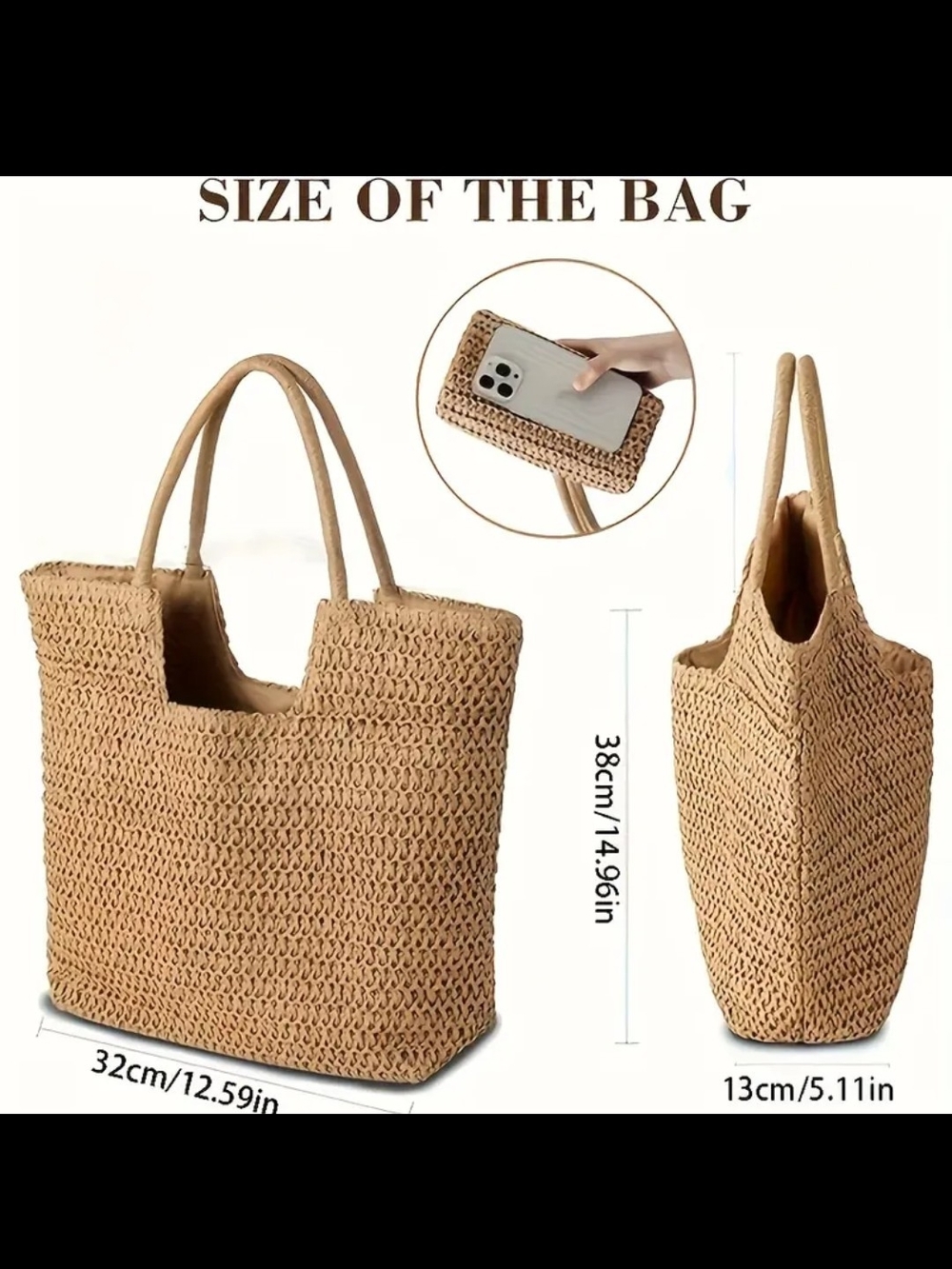 Khaki Woven Straw Tote Bag - Women's Summer Beach Tote - Picture 5 of 7